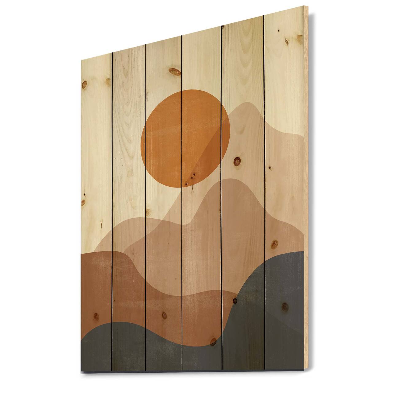 Designart - Abstract Red Moon In Earth Toned Mountains II - Modern Print on Natural Pine Wood